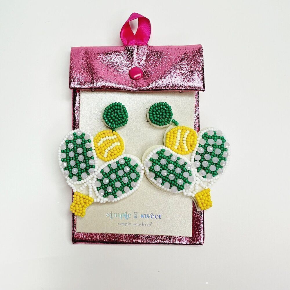 Simply Southern Simple &‎ Sweet Beaded Pickleball Paddle Ball Earrings Green New